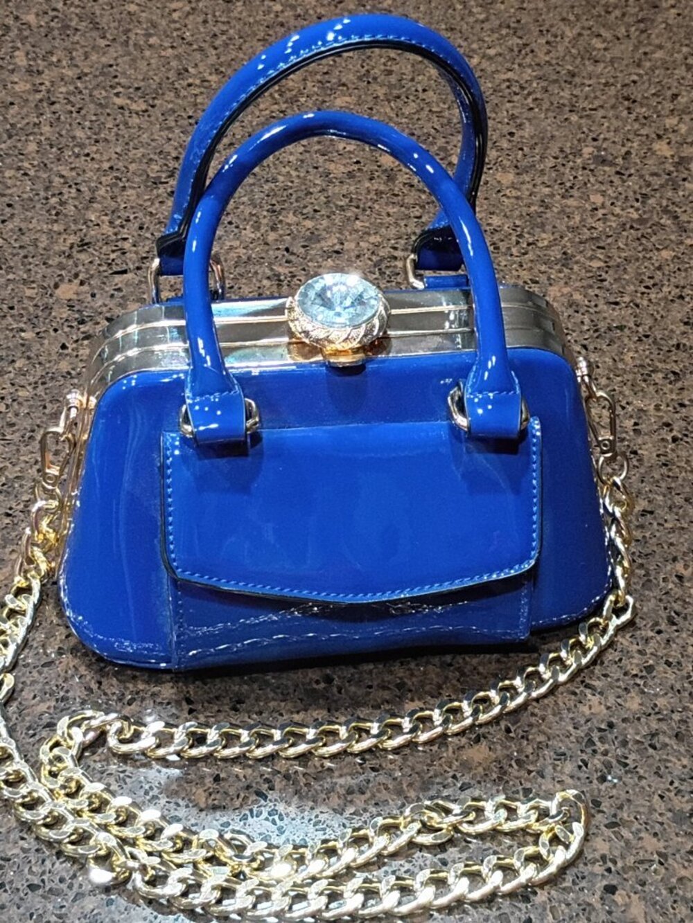 Royal Blue Patent Structured Handbag with Large Gem Clasp and Gold Chain